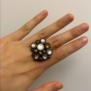 BCBG Antique Gold Bubble Ring with Clear Gemstones